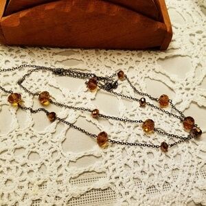 Dainty Long Necklace | Dark Chain Amber-tone Beads